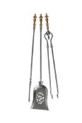A SET OF THREE VICTORIAN POLISHED STEEL AND BRONZE HANDLED FIRE TOOLS, CIRCA 1860