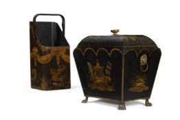 A REGENCY BLACK AND GILT-JAPANNED TOLE LOG BOX, EARLY 19TH CENTURY