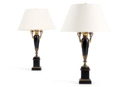 A PAIR OF BRASS MOUNTED TOLE LAMPS, FRENCH, 19TH CENTURY