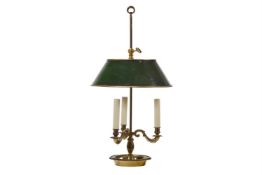 A BRASS THREE BRANCH BOUILLOTTE LAMP, FRENCH, SECOND HALF 19TH CENTURY