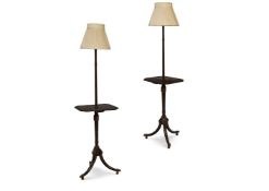 A PAIR OF SIMULATED ROSEWOOD AND PARCEL GILT SIMULATED BAMBOO TRIPOD LAMPS