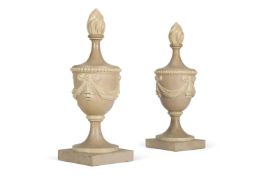 A PAIR OF GREY AND CREAM PAINTED CARVED WOOD FLAMING URNS, NORTH EUROPEAN