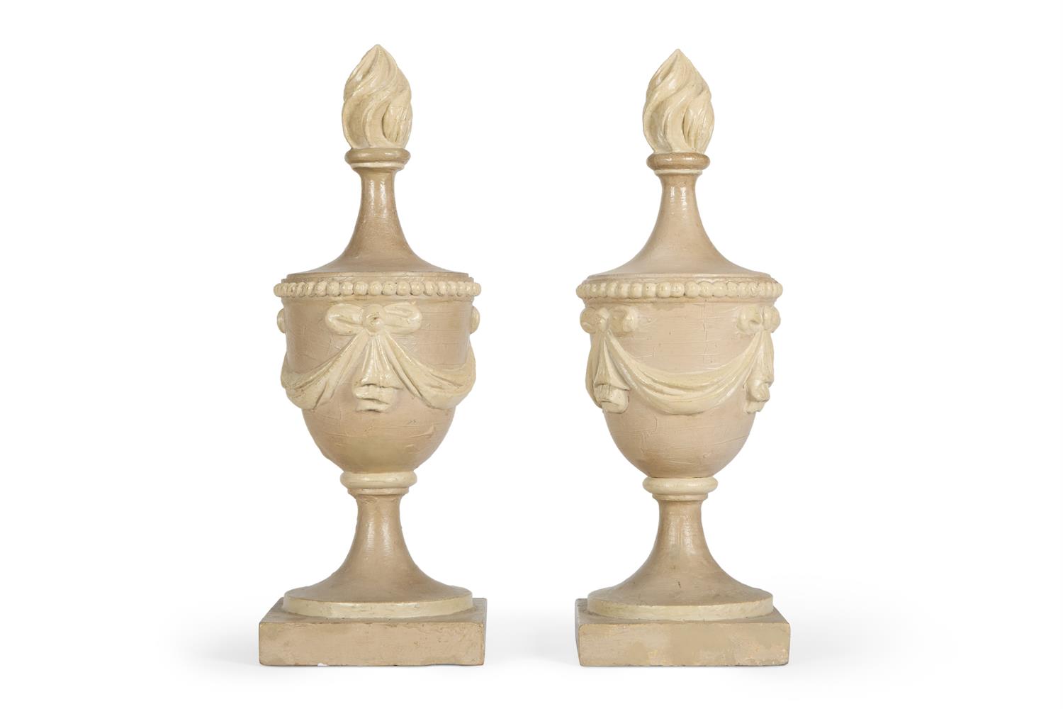 A PAIR OF GREY AND CREAM PAINTED CARVED WOOD FLAMING URNS, NORTH EUROPEAN - Image 2 of 2