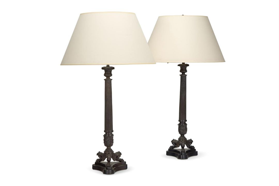 A PAIR OF BRONZE COLUMN LAMPS OF LARGE SIZE, LATE 20TH CENTURY