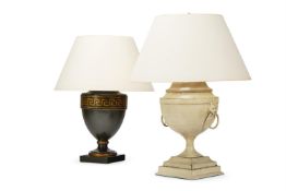 A PARCEL GILT AND DARK GREEN TOLE VASE LAMP, MODERN