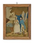 A FELT COLLAGE AND EMBROIDERY PICTURE OF A COURTING COUPLE, ENGLISH, LATE 18TH CENTURY