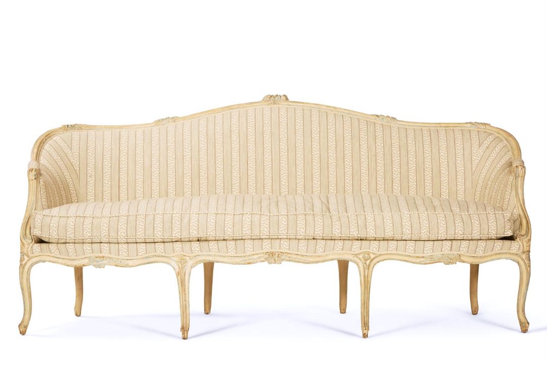 A CREAM, GREEN AND BLUE PAINTED SERPENTINE SOFA, FRENCH, LATE 19TH CENTURY, IN THE LOUIS XV STYLE - Image 1 of 3