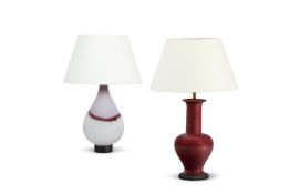 A LILAC, VIOLET AND WHITE GLASS VASE LAMP, MODERN
