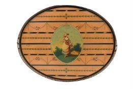 A REGENCY OVAL POLYCHROME PAINTED TOLE TRAY, POSSIBLY PONTYPOOL, EARLY 19TH CENTURY