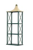 A GREEN, YELLOW AND CREAM TOLE HANGING SHELF, ENGLISH, MODERN