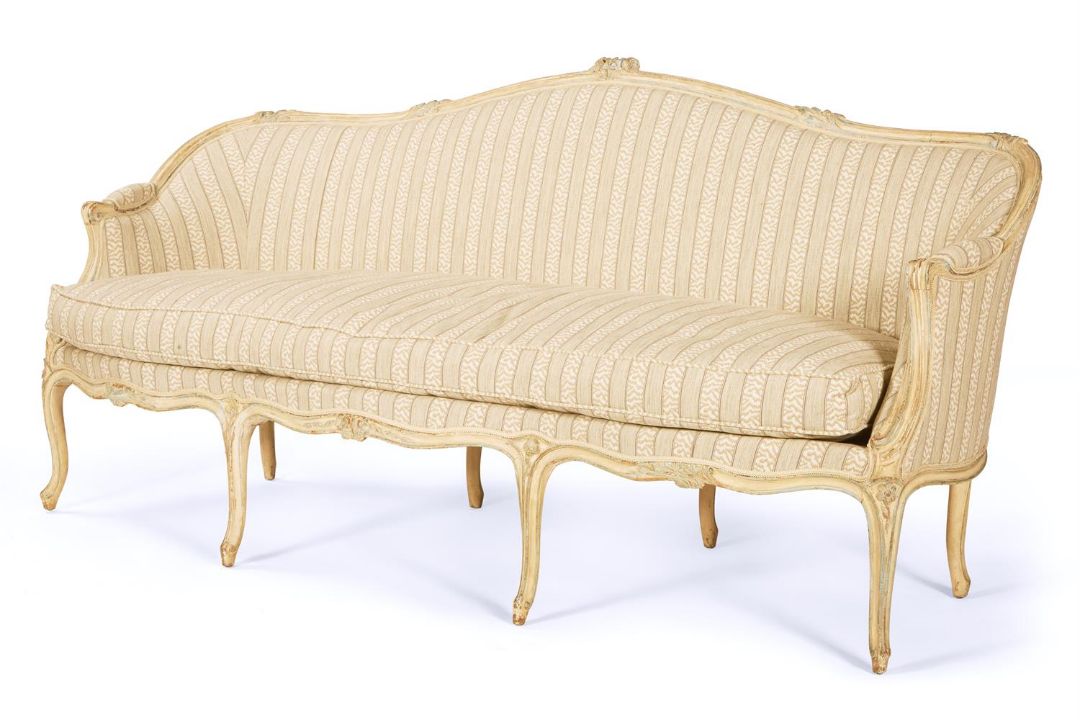 A CREAM, GREEN AND BLUE PAINTED SERPENTINE SOFA, FRENCH, LATE 19TH CENTURY, IN THE LOUIS XV STYLE - Image 2 of 3