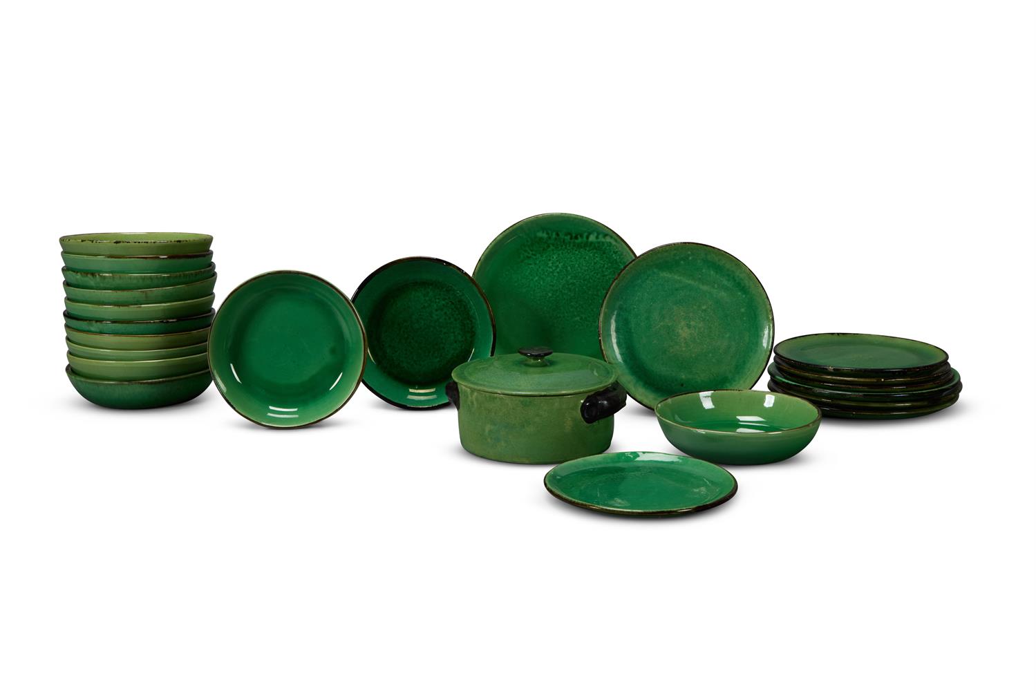 A PART DINNER SERVICE OF MOURRE & MILON GREEN GLAZED POTTERY, FRENCH, 20TH CENTURY