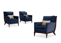 A SET OF THREE BLUE VELVET UPHOLSTERED MAHOGANY EASY ARMCHAIRS BY WILLIAM SWITZER