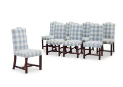 A SET OF EIGHT BLUE AND WHITE CHECK COTTON UPHOLSTERED MAHOGANY DINING CHAIRS, LATE 20TH CENTURY