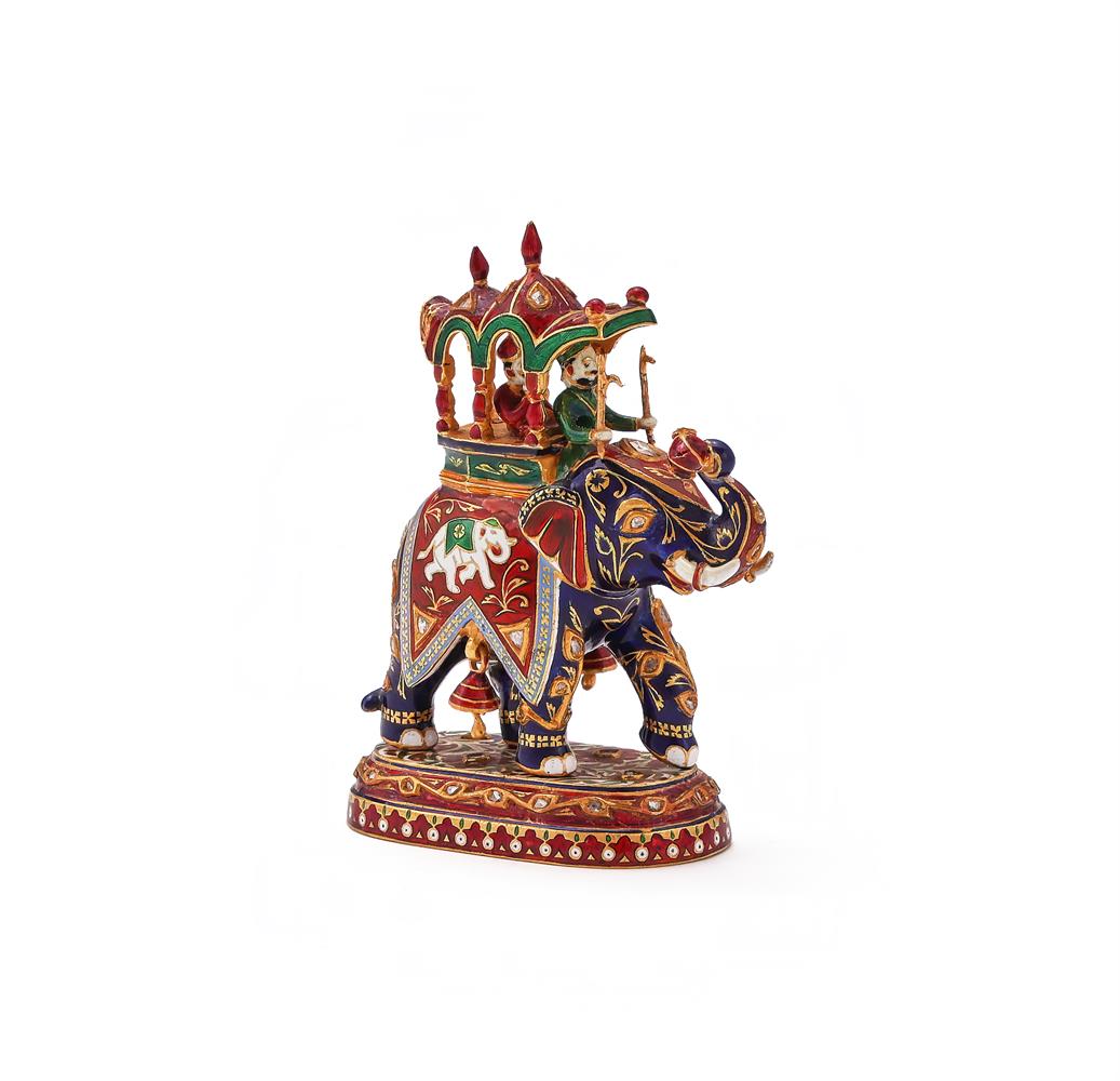 A GOLD COLOURED AND JAIPUR ENAMEL MODEL OF AN ELEPHANT - Image 2 of 4