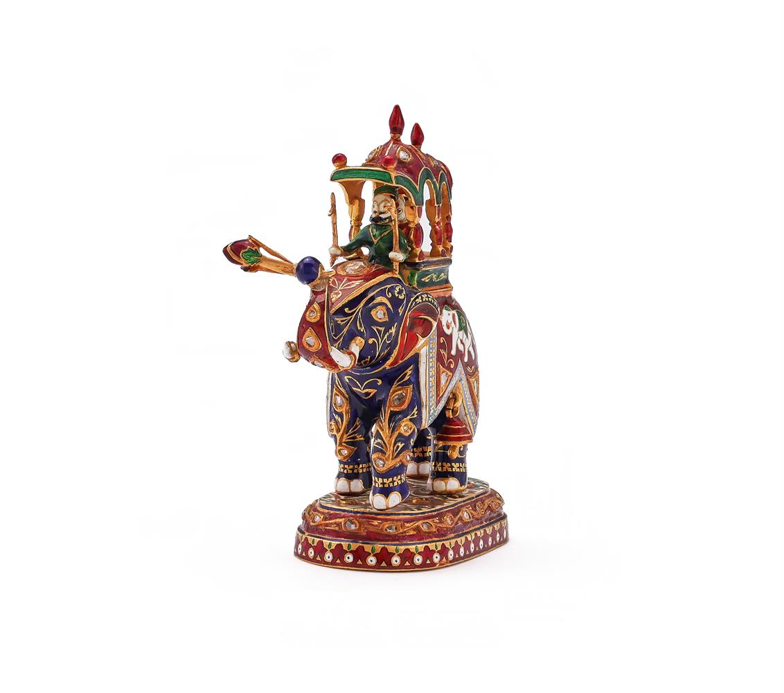 A GOLD COLOURED AND JAIPUR ENAMEL MODEL OF AN ELEPHANT - Image 4 of 4