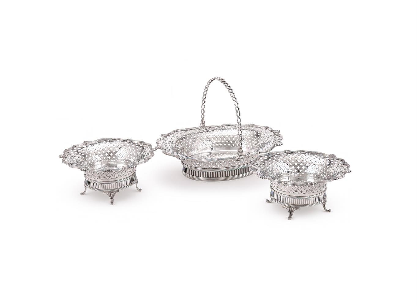 AN EDWARDIAN SILVER SWING HANDLED SHAPED OVAL BASKET AND TWO BOWLS - Image 2 of 3
