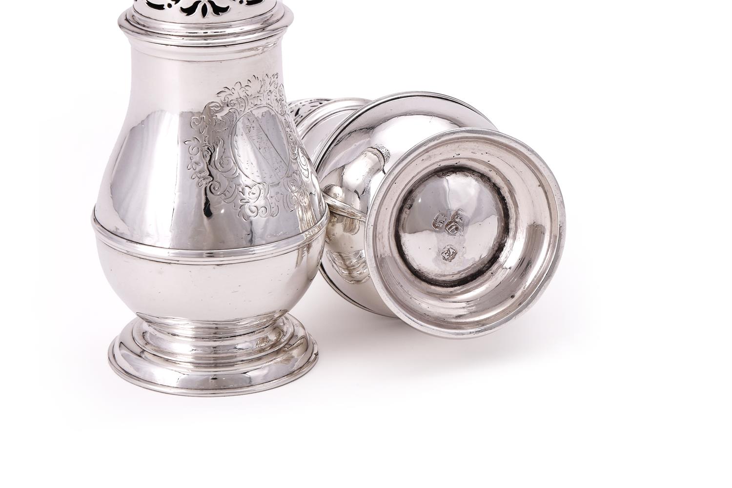 A PAIR OF QUEEN ANNE SILVER BRITANNIA STANDARD BALUSTER CASTERS - Image 2 of 2