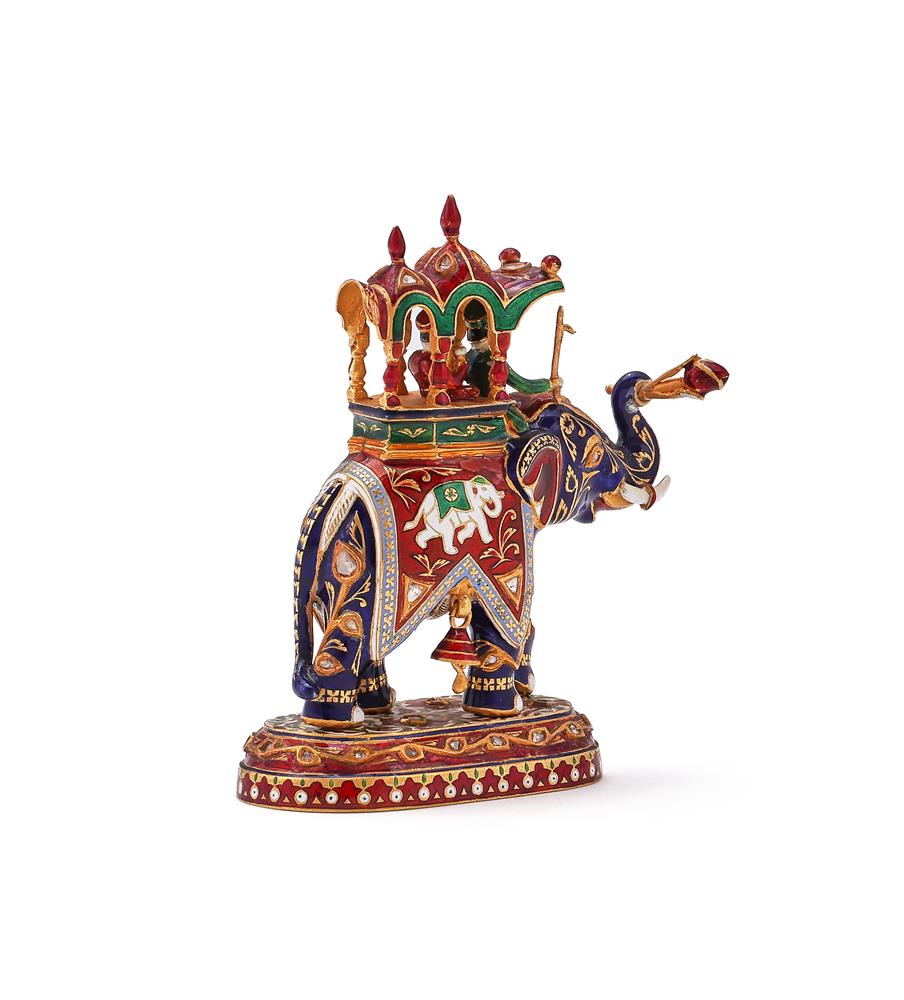 A GOLD COLOURED AND JAIPUR ENAMEL MODEL OF AN ELEPHANT - Image 3 of 4