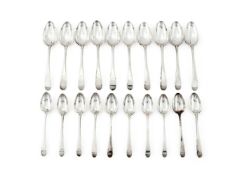 A SET OF TEN SILVER OLD ENGLISH PATTERN TABLE AND DESSERT SPOONS