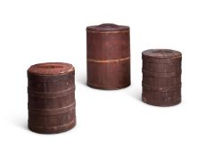 A GROUP OF THREE STAINED WOOD AND COPPERED LIDDED BARRELS, LATE 19TH CENTURY