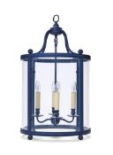 A BLUE PAINTED METAL DRUM HALL LANTERN, MODERN