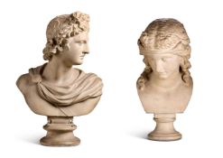 AFTER THE ANTIQUE- A PAIR OF LATE VICTORIAN PLASTER BUSTS OF APOLLO BELVEDERE & DIONYSUS