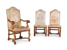 A LOUIS XIV-REVIVAL OAK ARMCHAIR AND PAIR OF SIDE CHAIRS EN-SUITE