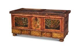 A CONTINENTAL POLYCHROME PAINTED PINE MARRIAGE TRUNK, 19TH CENTURY