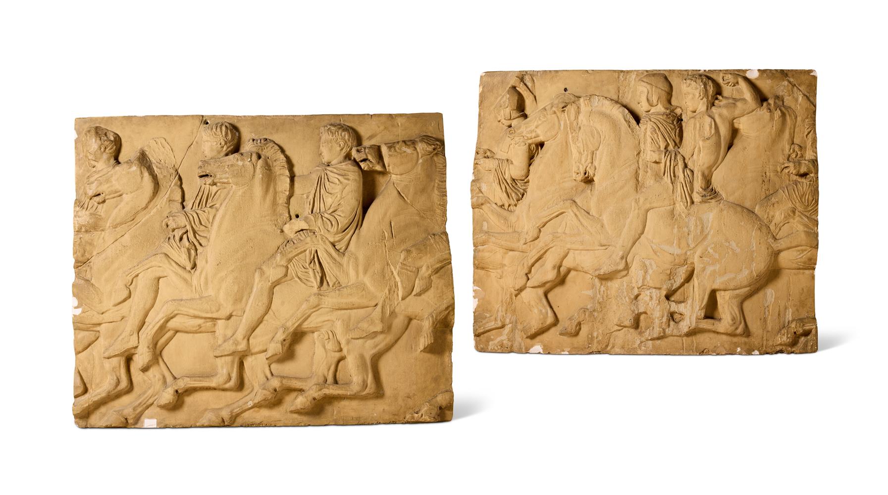 AFTER THE ANTIQUE- A PAIR OF PLASTER RELIEFS DEPICTING PANELS FROM THE FRIEZE OF THE PARTHENON