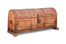 A GILT IRON MOUNTED CRIMSON VELVET COVERED DOMED CHEST, ITALIAN