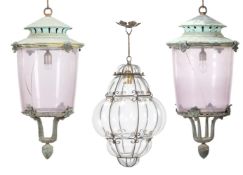 A PAIR OF ZINC AND COLOURED GLASS PENDANT LIGHTS OR LANTERNS