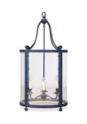 A LARGE BLUE PAINTED METAL DRUM HALL LANTERN, MODERN