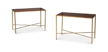 A PAIR OF BRASS AND SMOKED GLASS LOW OCCASIONAL TABLES