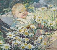 λ DOROTHEA SHARP (BRITISH 1874-1955), BABY IN A PRAM AMONGST THE DAISIES
