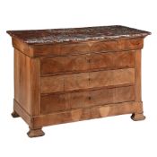 A FRENCH WALNUT AND ROUGE ROYALE MARBLE COMMODE OR CHEST OF DRAWERS, MID 19TH CENTURY
