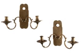 A PAIR OF BRASS DOUBLE LIGHT WALL SCONCES, IN DUTCH 18TH CENTURY STYLE