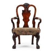 A WALNUT AND BURR WALNUT CHILD'S ARMCHAIR IN GEORGE II STYLE, 19TH CENTURY