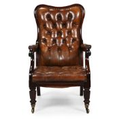 A VICTORIAN MAHOGANY AND BUTTONED LEATHER UPHOLSTERED LIBRARY ARMCHAIR, CIRCA 1840