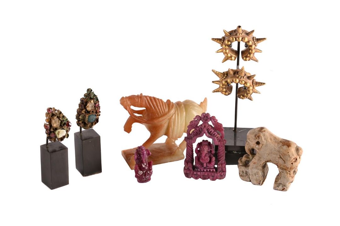 TWO RUBELLITE MODELS OF GANESHA AND A QUANTITY OF DECORATIVE WEAR, PREDOMINANTLY SOUTHEAST ASIAN