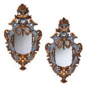 A PAIR OF ITALIAN CARVED GILTWOOD AND BLUE PAINTED WALL MIRRORS, FIRST HALF 20TH CENTURY
