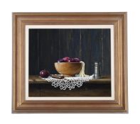 IAN MASTIN (BRITISH B.1949), STILL LIFE OF A BOWL OF PLUMS ON LACE