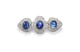 A STAR SAPPHIRE, SAPPHIRE AND DIAMOND BROOCH