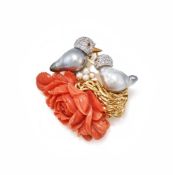 Y TRIO, A CORAL AND GEM SET NOVELTY BROOCH