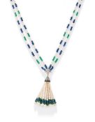 A SAPPHIRE, EMERALD, DIAMOND AND FRESHWATER CULTURED PEARL TASSEL NECKLACE