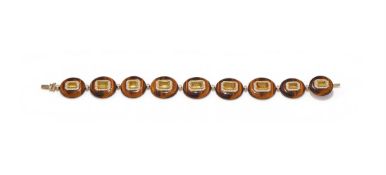 A TIGER'S EYE, YELLOW SAPPHIRE AND DIAMOND BRACELET