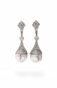 A PAIR OF MABÉ PEARL AND DIAMOND PENDENT EARRINGS