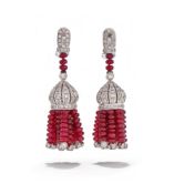 A PAIR OF RUBY AND DIAMOND TASSEL EARRINGS