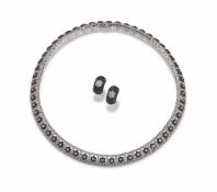 A DIAMOND AND COLOURED DIAMOND NECKLACE AND EARRINGS