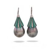 A PAIR OF CULTURED PEARL, ENAMEL AND DIAMOND EARRINGS